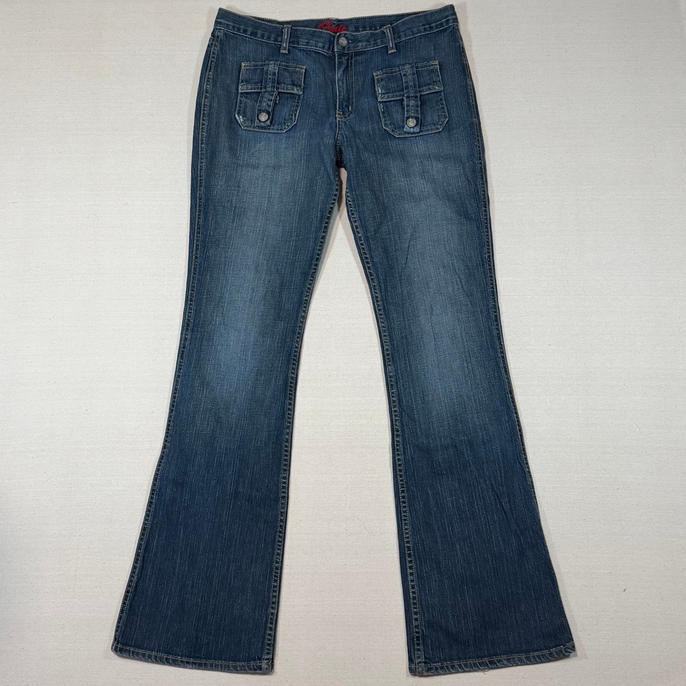 Vintage Blue Cult Flare Jeans Womens 32x33 Dark Wash Front Flap Pockets Y2K USA